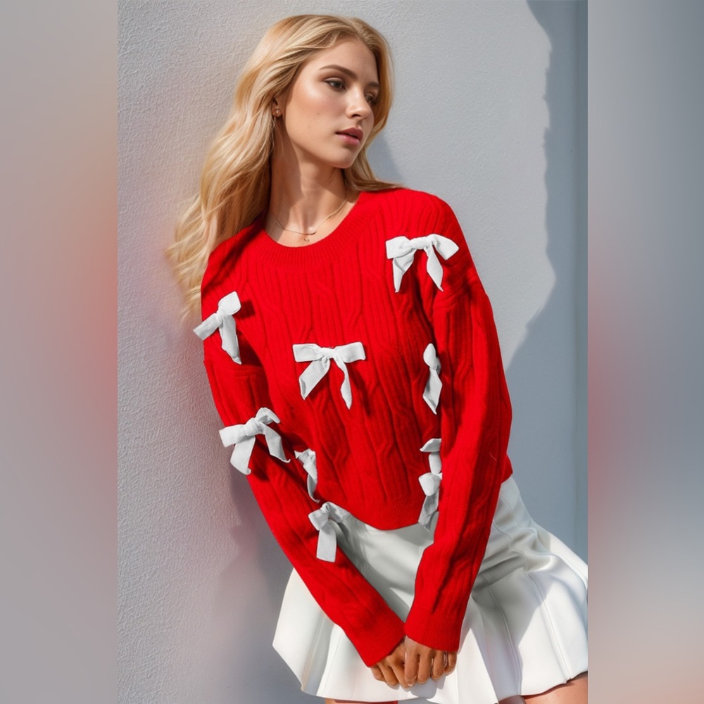 Double Take Full Size Bow Cable-Knit Round Neck Sweater